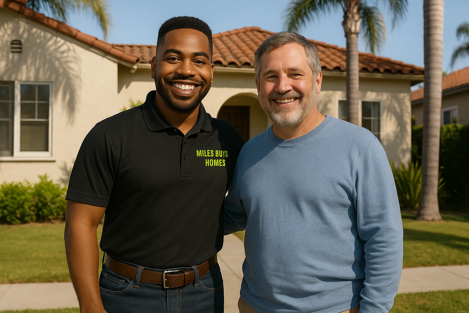 Miles Buys Homes with Happy Homeowner in California Miles from Miles Buys Homes standing with a smiling homeowner in front of a modest California-style house with palm trees and stucco siding