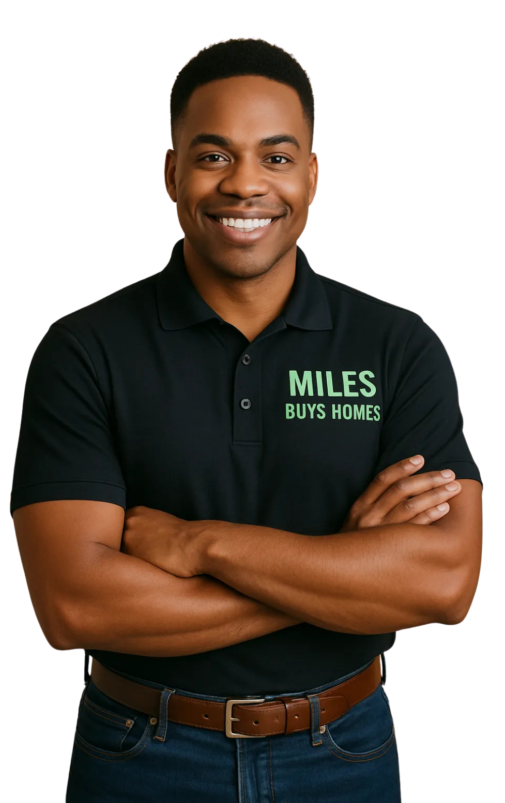 Trusted Cash Home Buyer in Highland – Miles Buys Homes Professional portrait of Miles, a trusted cash home buyer in San Bernardino, wearing a branded polo that says “Miles Buys Homes” and smiling confidently with arms crossed.