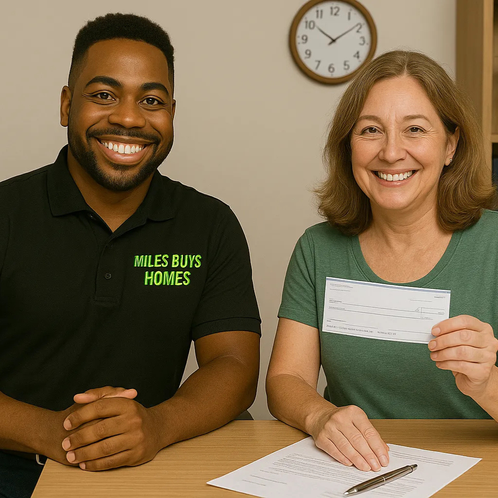 Smiling California homeowner holding a check next to a real estate investor from Miles Buys Homes at the escrow office.